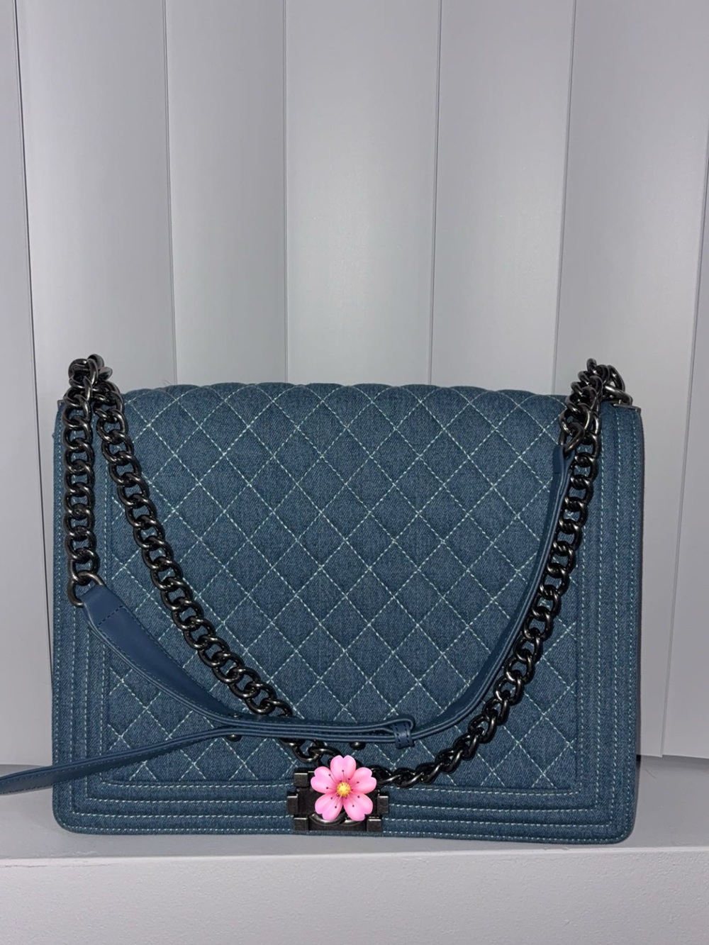 Quilted Denim-Blue Chain Shoulder Bag